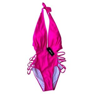 Aqua Eve Hot Pink Plunge Halter One Piece L Swimsuit Strappy Cutout Monokini NEW